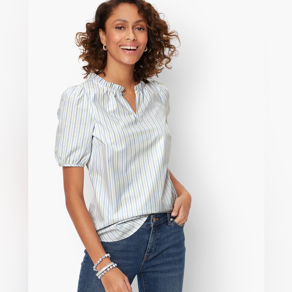 Talbots Ruffle  Popover Sleeves Stripe Blouse Size‎ Xs NWT